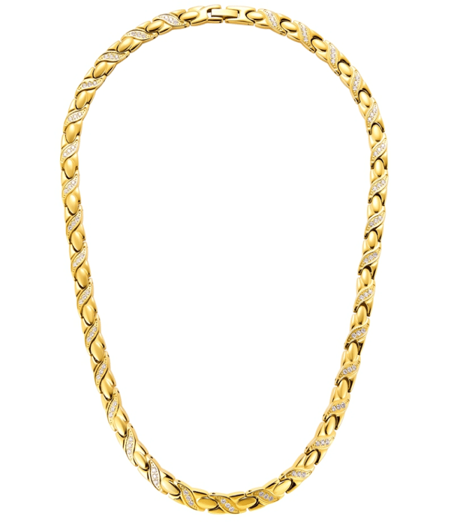 Women's necklace made of 18K gold-plated titanium steel, featuring a fish design with 99 white cubic zirconia stones interspersed with black hematite and germanium stones