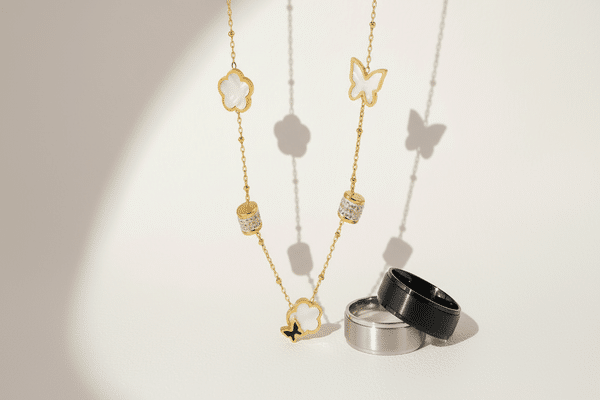 Contemporary jewelry design showcase featuring mixed materials and advanced finishing techniques