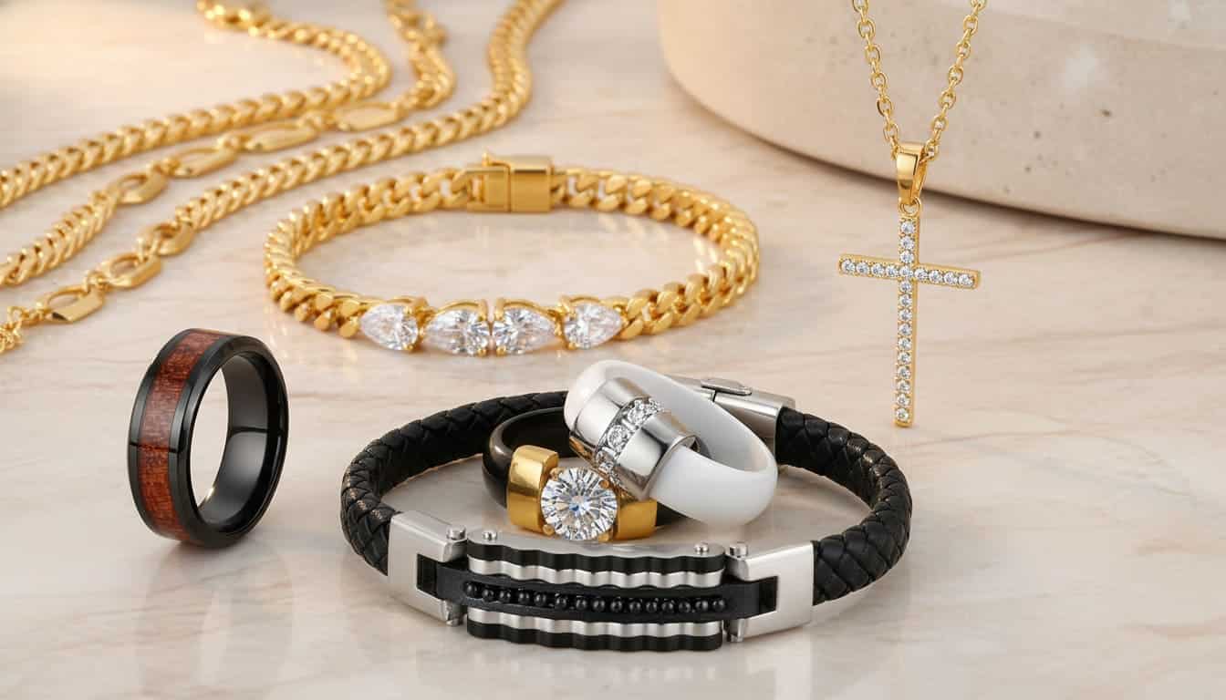 Premium mixed-material jewelry featuring performance metals and lab-grown stones.