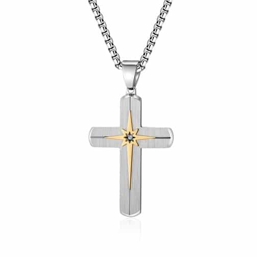 Lonsin Custom Beveled Stainless Steel Cross Pendant with Hexagram Star Accent.