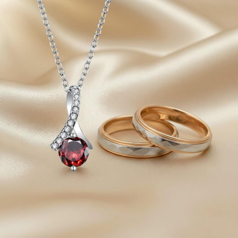 Ruby-hued necklace & tungsten carbide wedding bands; China B2B jewelry OEM.