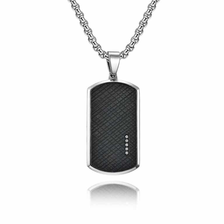 Stainless steel dog tag necklace with carbon fiber texture and stones; China B2B OEM.