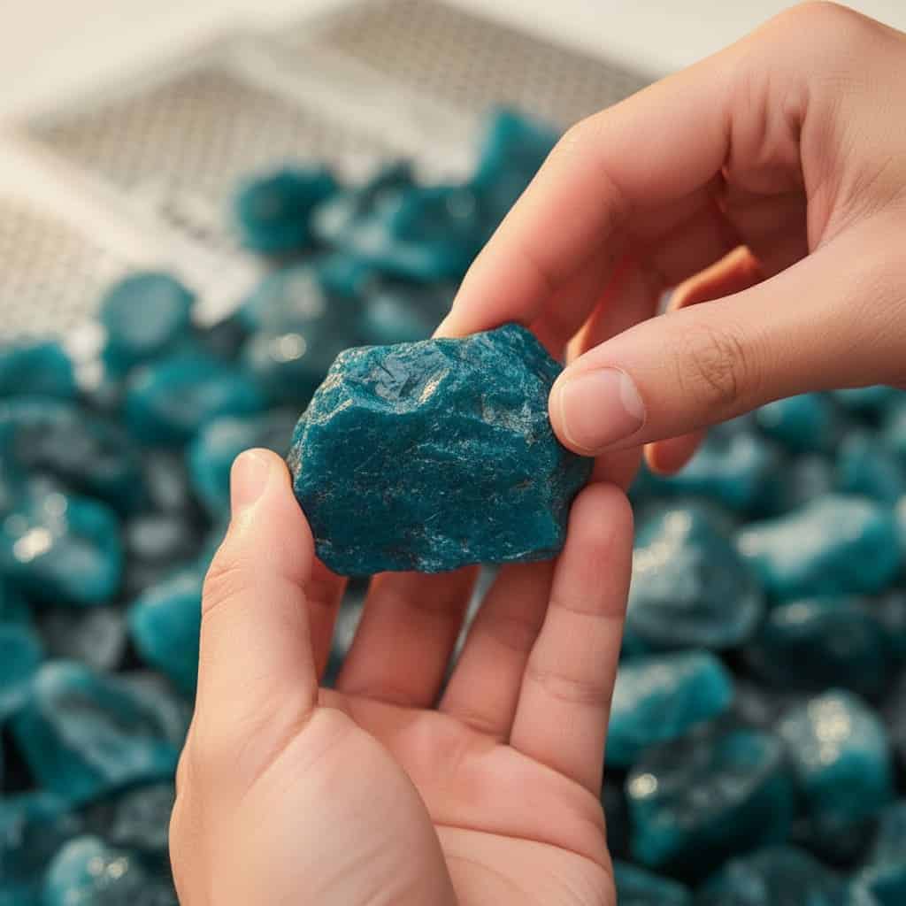 Selecting eco-friendly raw stones for sustainable jewelry manufacturing.