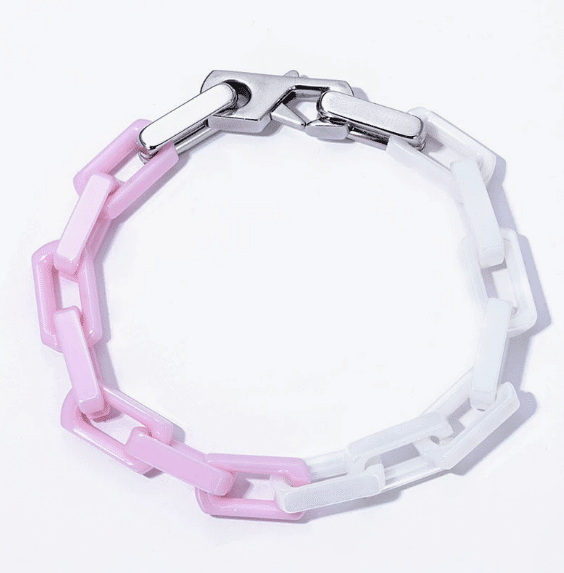 Custom two-tone pink white ceramic stainless steel paperclip chain bracelet