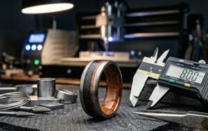 Carbon fiber and wood inlay stainless steel ring with precision CNC tools.